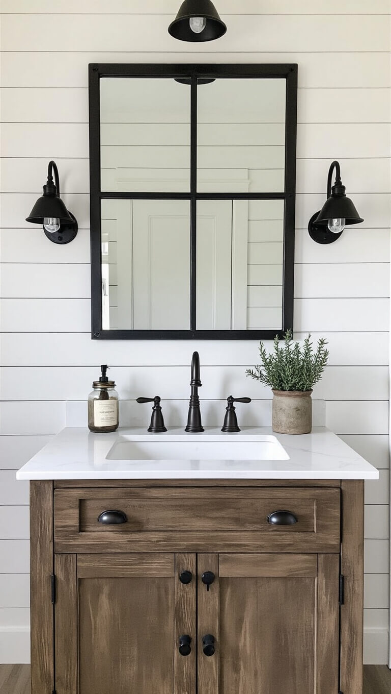 Modern farmhouse vanity featuring a 36" distressed wood cabinet, white quartz top, bronze faucet, black-framed mirror, and matte black sconces against a white shiplap wall.