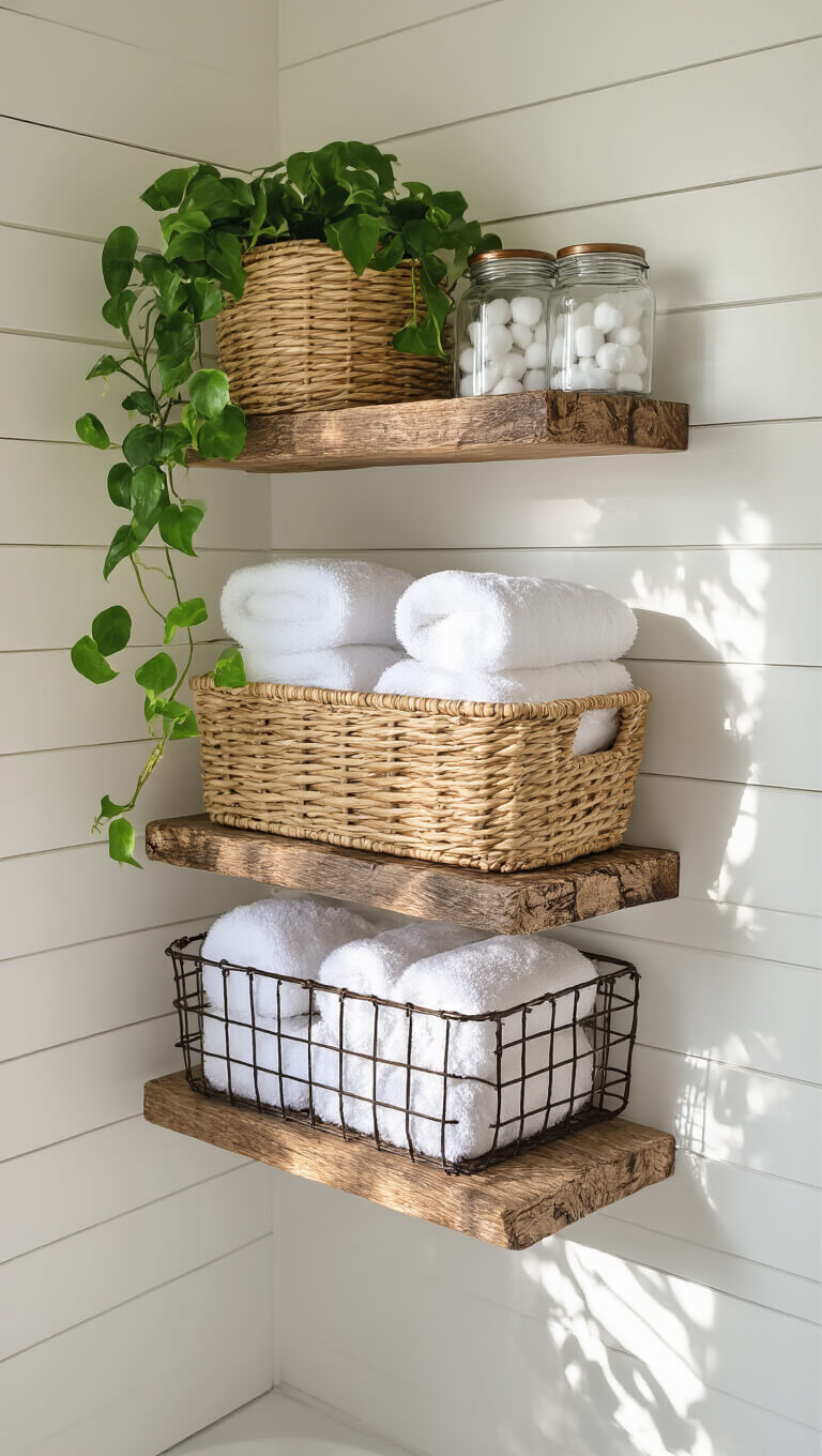 Floating reclaimed wood shelves in a cozy white shiplap bathroom with woven baskets, Turkish towels, glass canisters, pothos plant, and vintage wire basket of rolled washcloths in morning light.