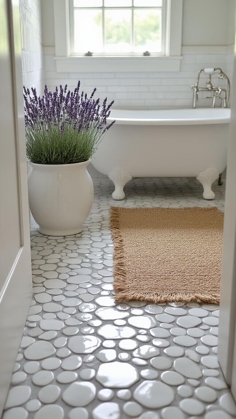 Low-angle view of farmhouse bathroom floor showing hexagonal marble tiles meeting white penny rounds at shower threshold, with jute runner and lavender planter in natural light.