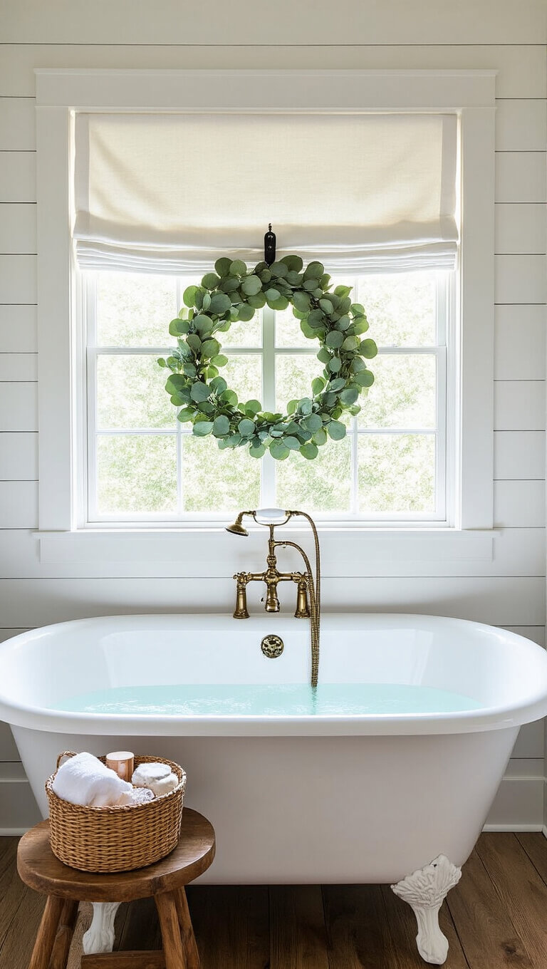 Clawfoot tub under window with brass fixtures, white shiplap wall, rustic stool holding bath salts, and eucalyptus wreath above.
