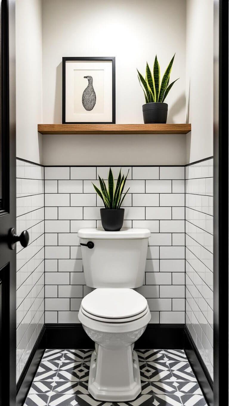 Intimate toilet nook with white subway tile wainscoting, black pencil tile trim, geometric grey and white floor tiles, floating wooden shelf holding framed art and a snake plant, white toilet with matte black handle, soft overhead lighting.