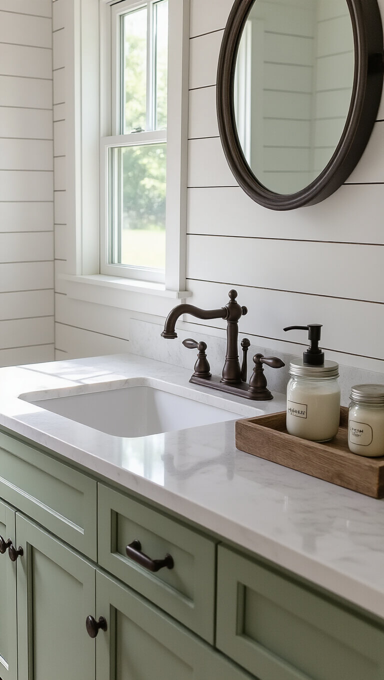 Vintage-style bathroom vanity with white quartz countertop, bronze bridge faucet, mason jar soap dispenser on tray, black round mirror, shiplap walls, and sage green door in morning light.