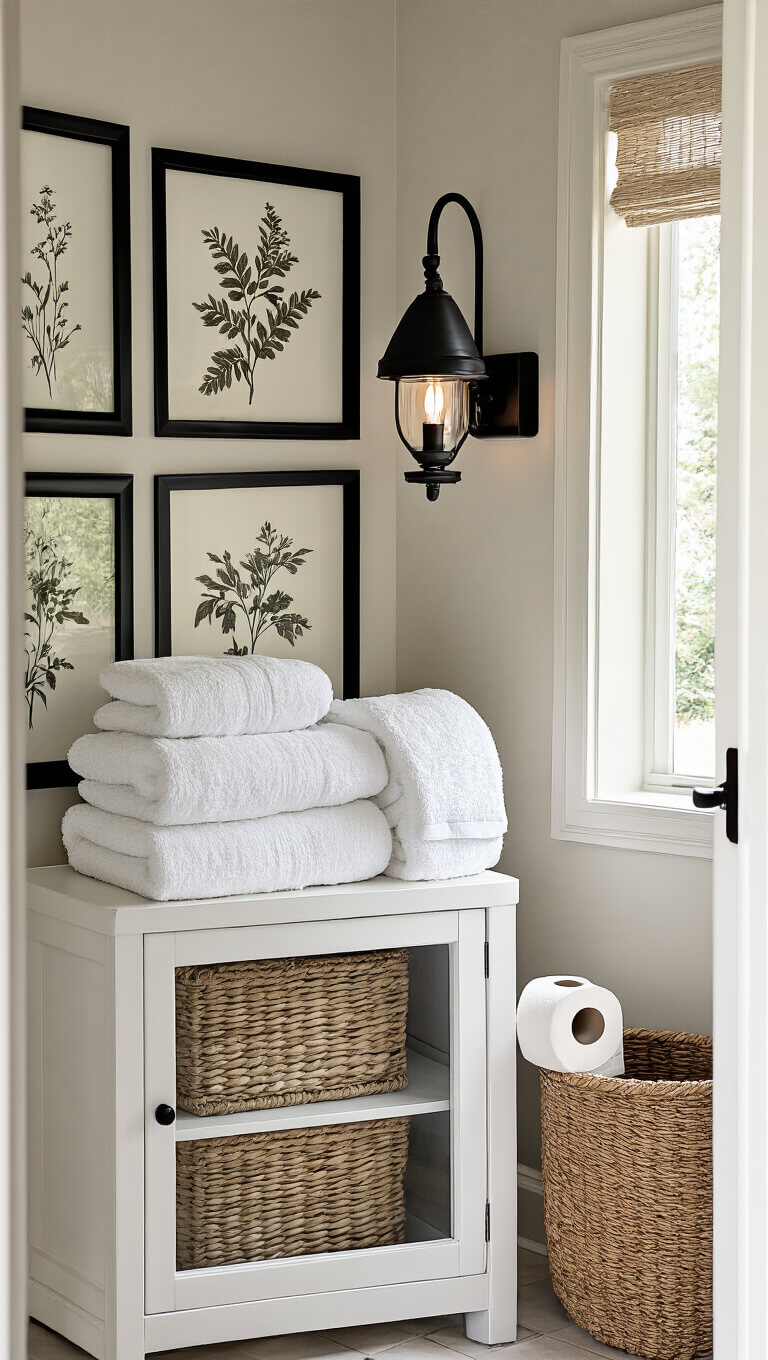 Cozy bathroom corner with white linen cabinet, stacked towels, woven baskets, black wall sconce, vintage botanical art, and natural fiber basket with toilet paper.