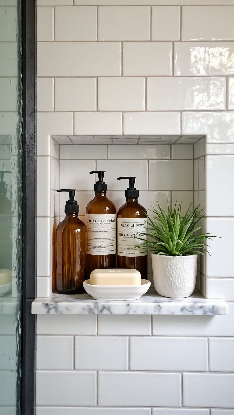 Close-up of farmhouse shower niche with white subway tiles, marble shelf, amber bottles, ceramic soap dish, and air plant.