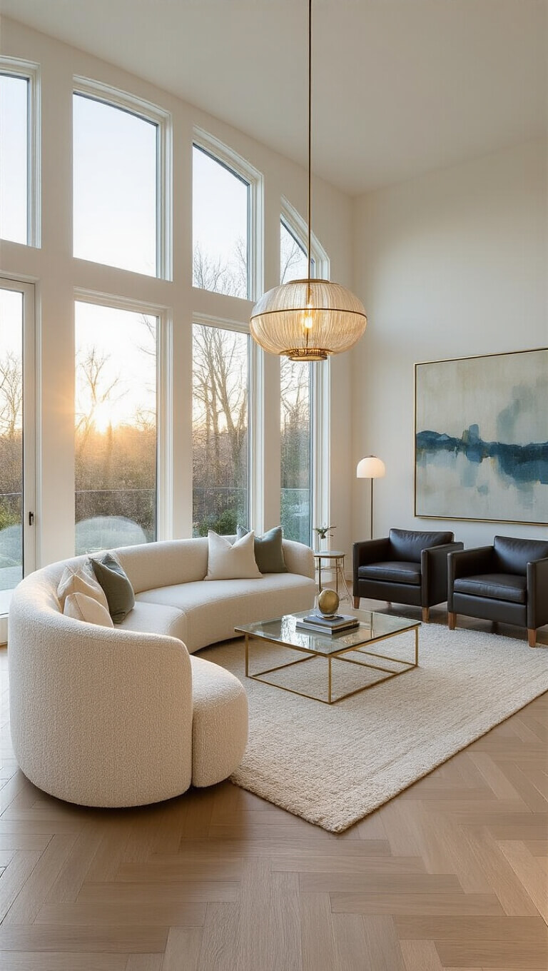 Contemporary 20x24ft living room at golden hour with white oak herringbone floors, curved ivory bouclé sofa, charcoal leather chairs, and brass-accented lighting.