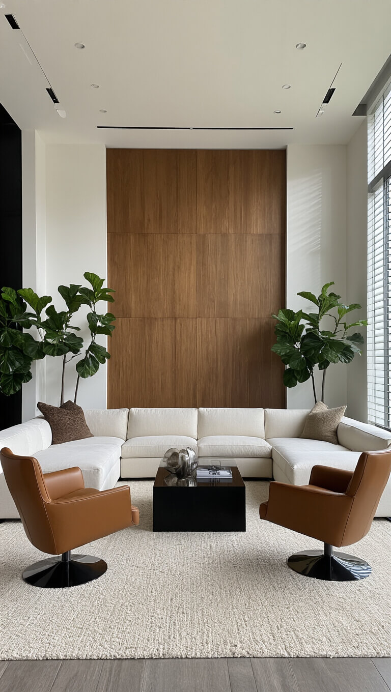 Contemporary 22x20ft living room with cream linen sectional, cognac swivel chairs, floating wood accent wall, and natural light through sheer blinds.