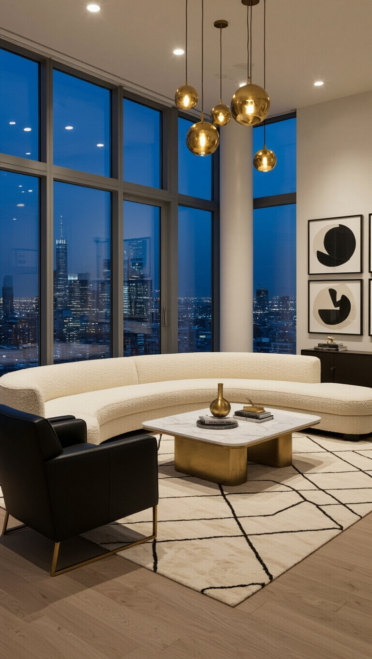 Elegant living room at dusk with city views, featuring an ivory bouclé curved sofa, black leather chairs, marble and brass coffee table, monochrome gallery wall, geometric rug, and warm ambient lighting.