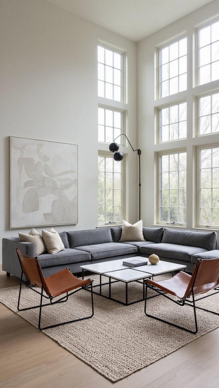 Modern 20x22ft living room with gray modular velvet sofa, cognac leather sling chairs, black and white marble coffee table, double-height windows, and abstract decor in morning light.