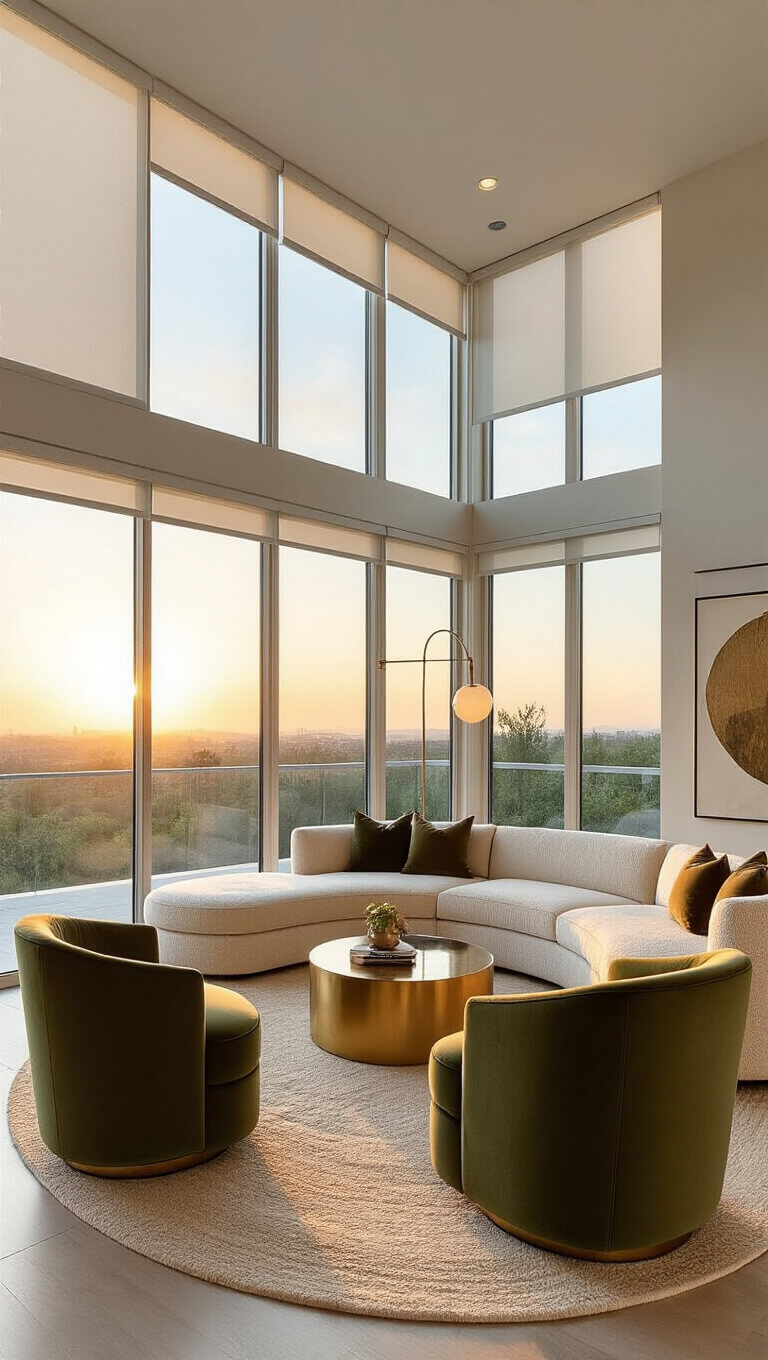 Contemporary 24x26ft living room at sunset with panoramic windows, cream bouclé sectional, olive velvet swivel chairs, mixed metal accents, and layered neutral rugs.