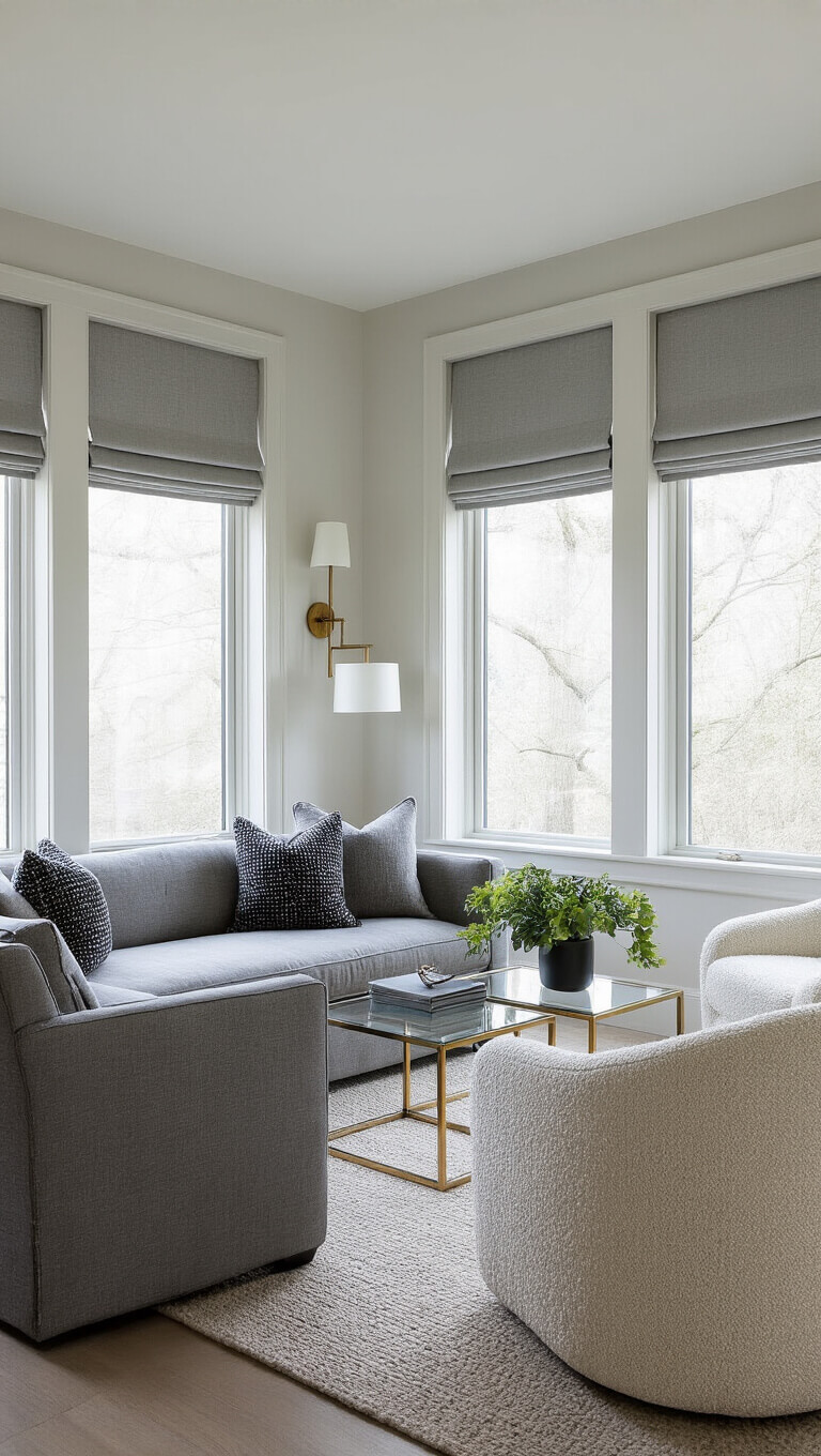 Cozy modern living space with gray sofa, ivory bouclé chairs, glass brass tables, and soft natural light from large windows with Roman shades.