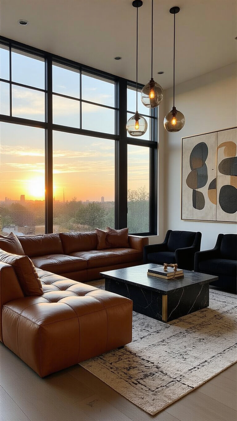 Spacious 22x24ft room at sunset with oversized cognac leather sectional, black bouclé chairs, black marble and brass coffee table, abstract art, geometric rug, and pendant lights in mixed metals.