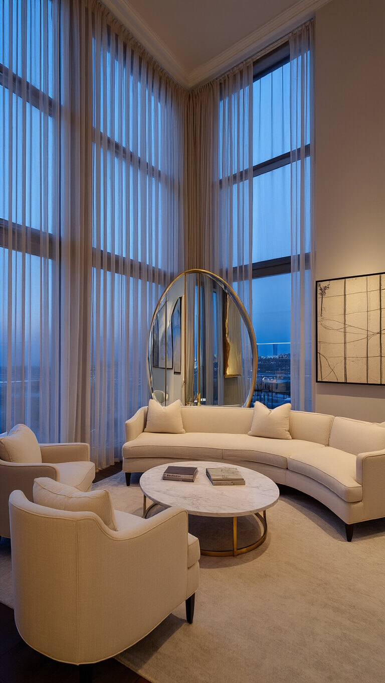 Elegant twilight living room with cream curved sofa, marble coffee table, floor-to-ceiling windows, layered lighting, and contemporary decor.