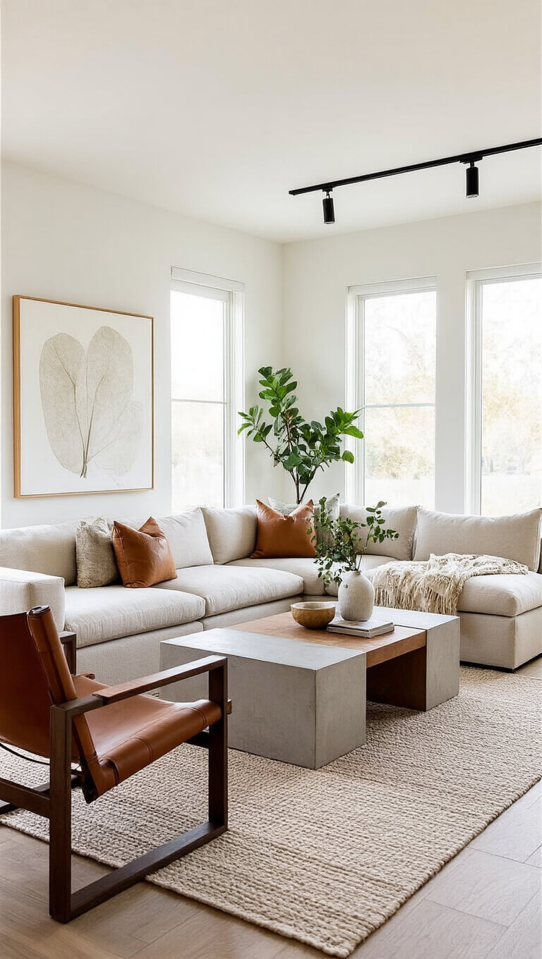 Contemporary 18x22ft room at dawn with beige modular sectional, leather sling chairs, concrete-wood coffee table, botanical art, and morning light streaming through minimal windows.