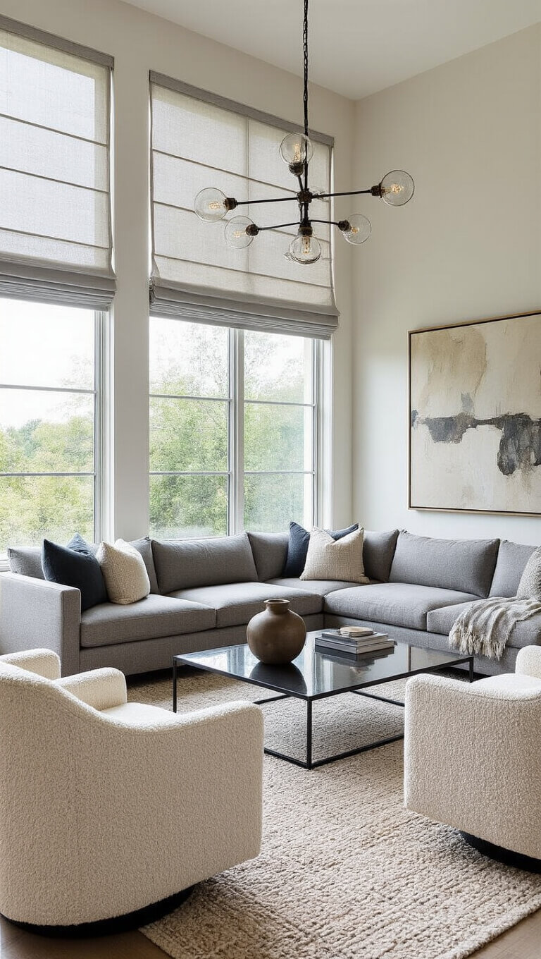 Modern 24x28ft living room with double-height windows, gray L-shaped sectional, cream bouclé swivel chairs, smoked glass and black steel coffee table, abstract art, mixed metal lighting, and layered neutral rugs in afternoon light.
