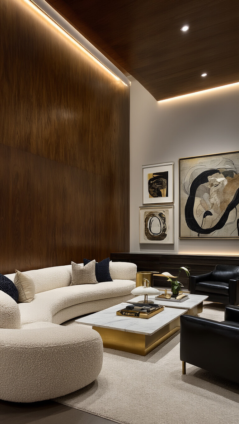 Luxurious nighttime living room with dramatic lighting, featuring a curved ivory bouclé sofa, black leather chairs, marble and brass coffee table, floating wooden accent wall, and gallery art.
