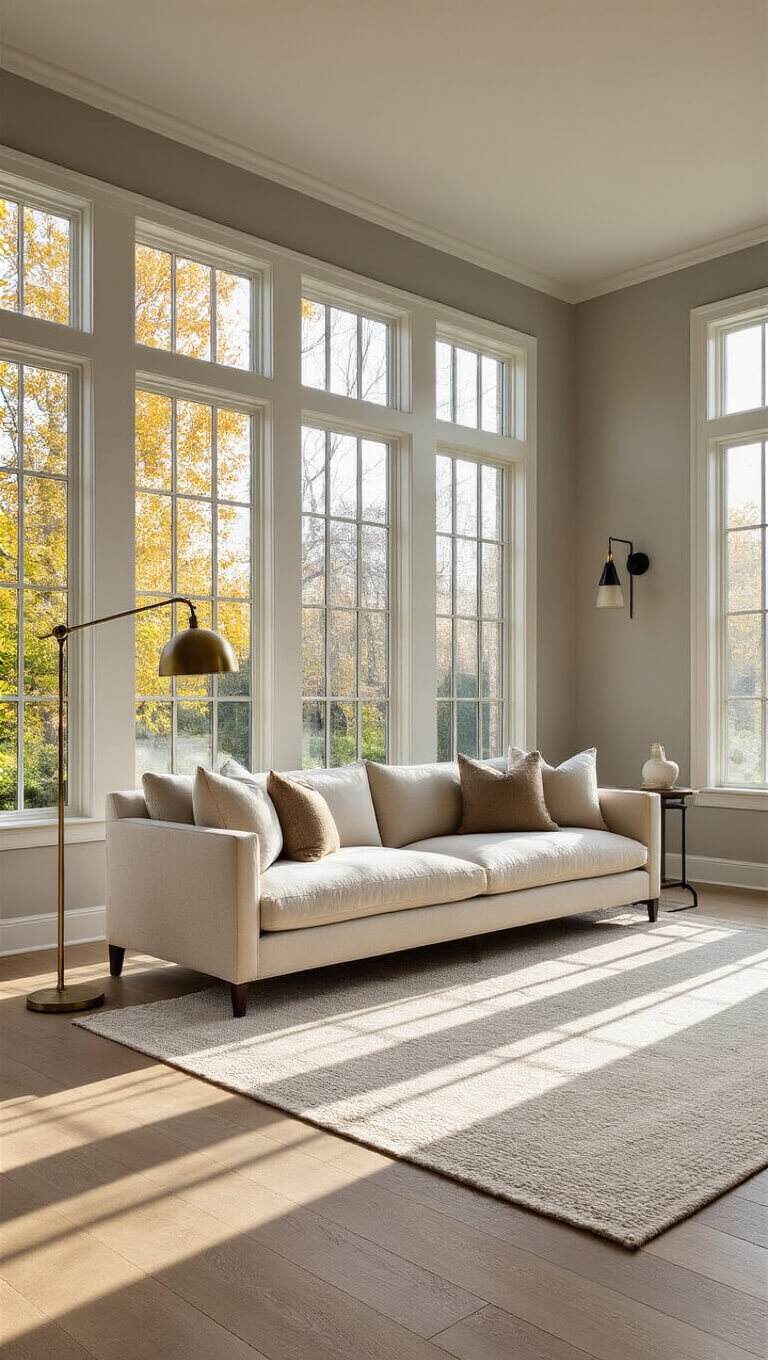 Transitional 20x24ft living room with white oak floors, oatmeal linen sofa, ivory geometric rug, mixed metal lighting, and sunlight streaming through tall windows.