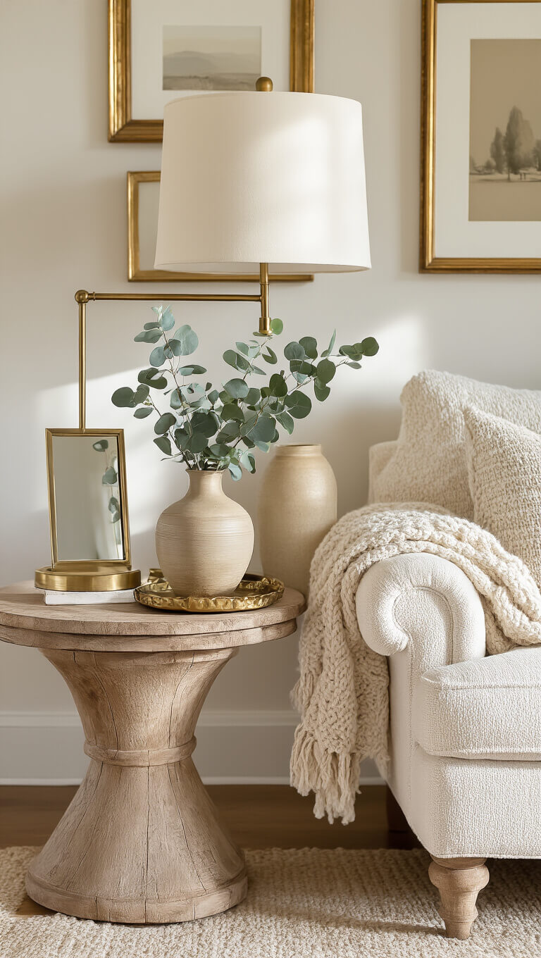 Golden hour light illuminates a cozy living room corner with a cream bouclé rolled-arm chair, weathered oak side table, brass lamp, eucalyptus in a ceramic vase, and layered textures including a chunky knit throw.