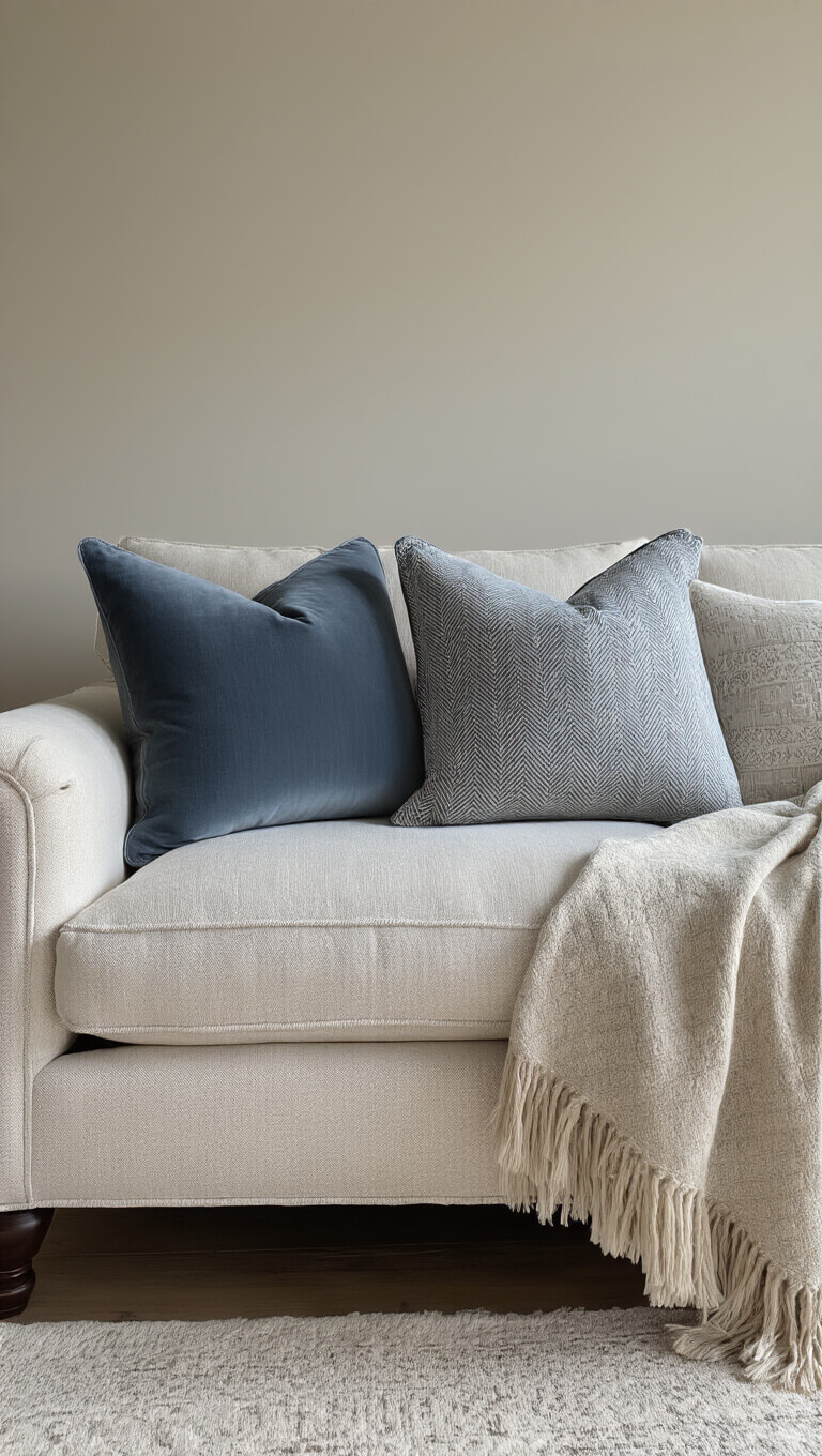 Close-up of Hampton sofa with styled pillows in slate blue velvet and natural linen, draped throw, and morning light highlighting fabric textures.