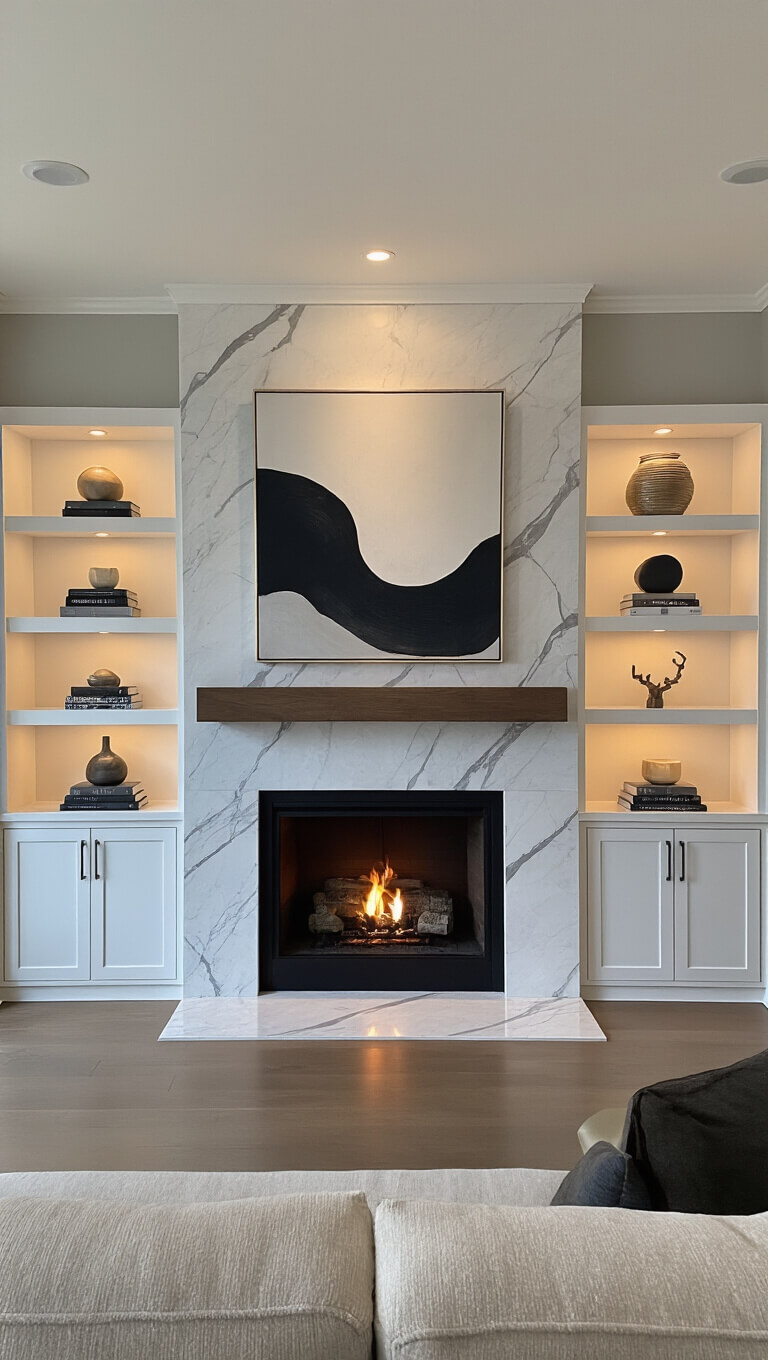 Transitional fireplace wall with floor-to-ceiling warm grey marble, white built-in shelves styled in threes, wood mantel, and abstract art above, softly lit at dusk.