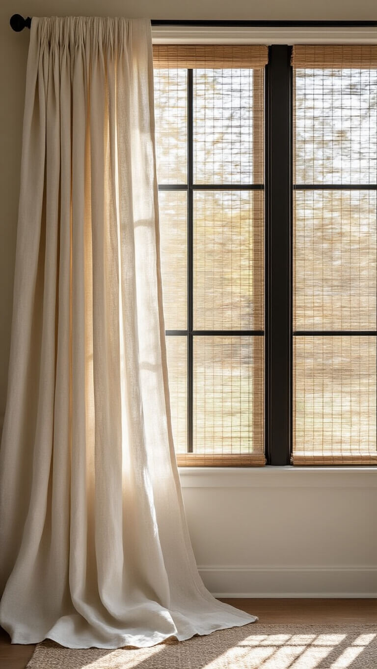 Ivory linen curtains and woven wood blinds in soft afternoon light, with asymmetrical draping and black curtain rod, highlighting fabric texture and warm natural tones.