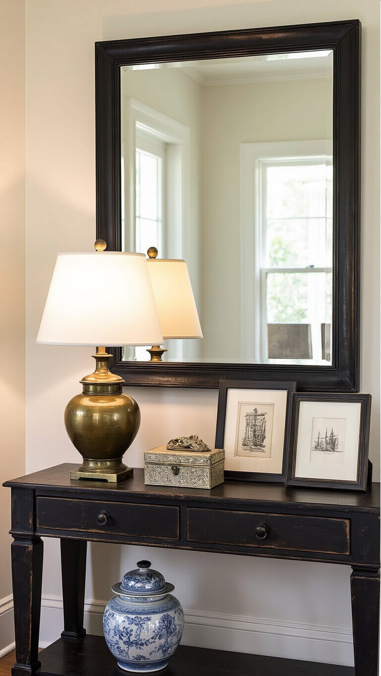 Vintage dark wood console table with antiqued brass lamp, black-framed mirror, and balanced decor in natural and lamp light.
