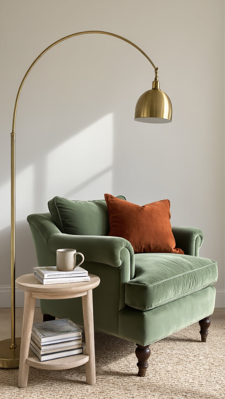 Cozy reading nook with sage green velvet armchair, rust pillow, brass floor lamp, and oak side table holding books and a ceramic mug in soft morning light.