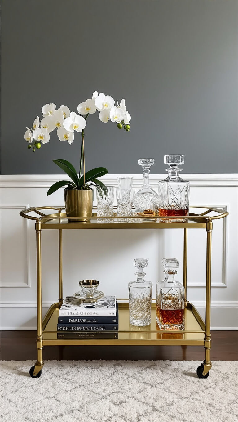 Two-tier brass bar cart with glassware, decanters, and cocktail tools on top shelf, coffee table books and potted orchid on bottom shelf, set against Revere Pewter wall in soft evening light.