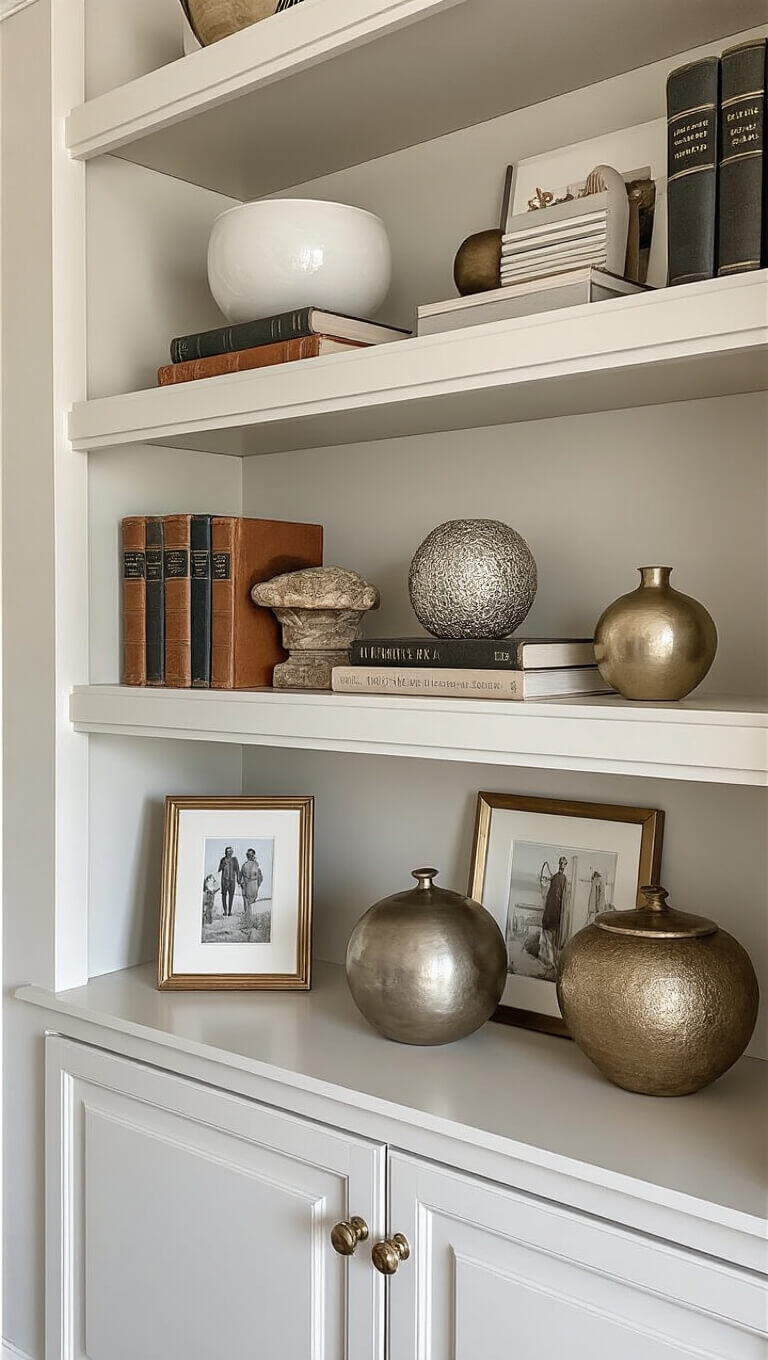Close-up of styled bookshelf with vintage books, modern ceramics, metallic accents, and framed family photos lit by afternoon sunlight.