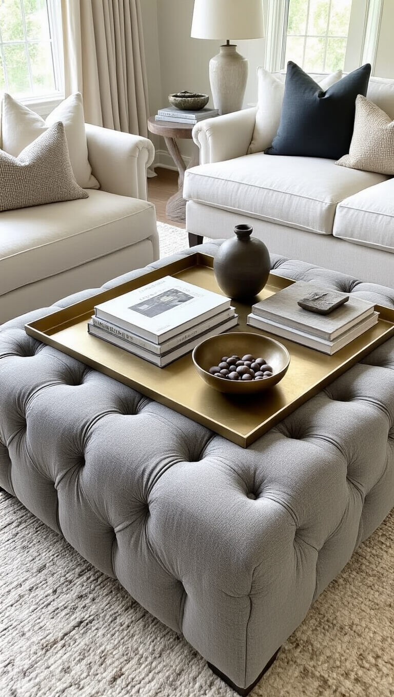 Grey tufted ottoman coffee table with brass tray holding design books, decorative bowl, and sculpture, surrounded by furniture in a bright, refined living space.