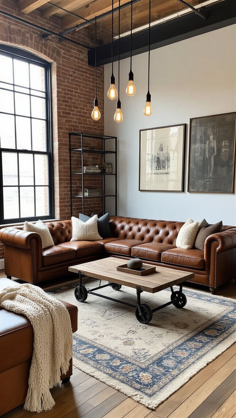 Sunlit industrial-style living room with cognac leather Chesterfield sofa, exposed brick wall, factory windows, and vintage decor.