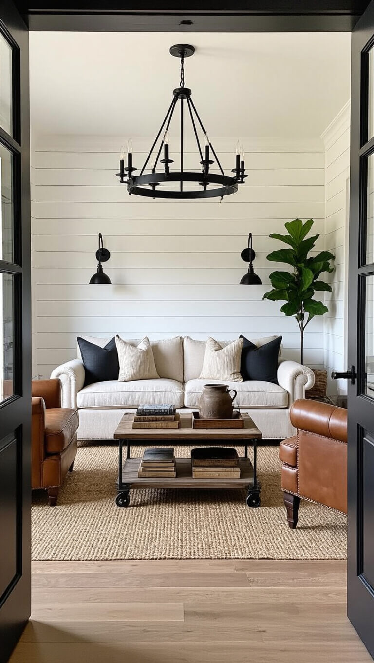 Cozy 250 sq ft living room with linen sofa, leather chairs, jute rug, industrial coffee table, black metal chandelier, and shiplap wall in Simply White.