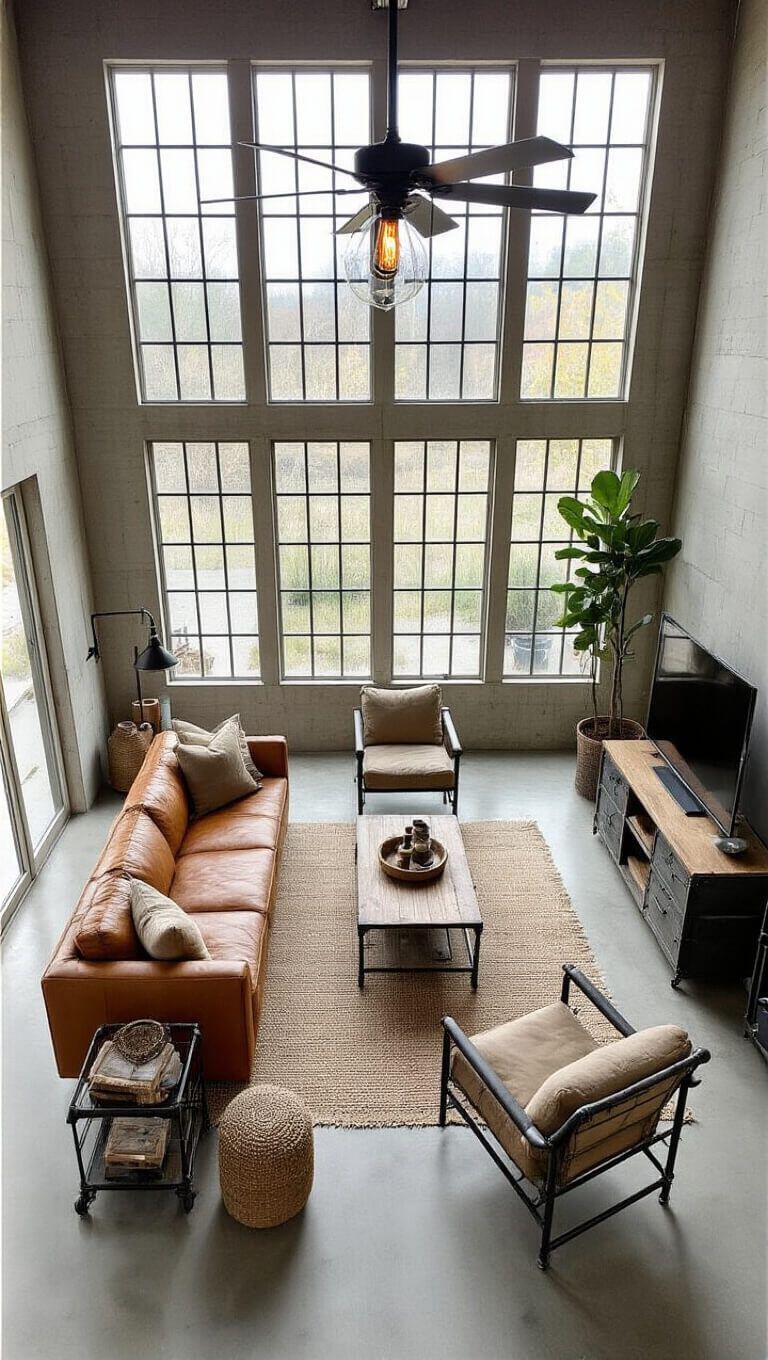 Bird's eye view of industrial-style 350 sq ft living room with camel leather sofa, metal armchairs, concrete floors, gridded windows, and custom pipe-wood entertainment unit.