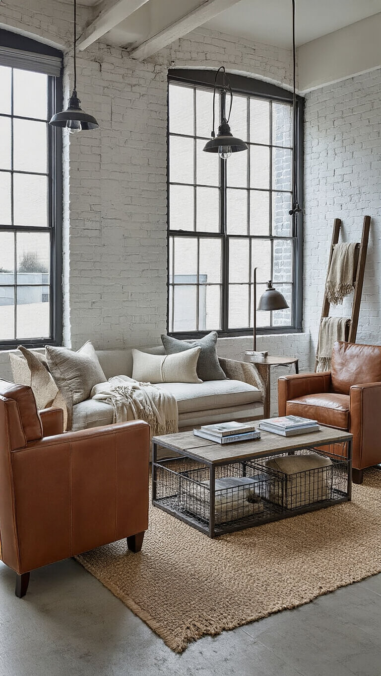 Cozy 225 sq ft living space with whitewashed brick walls, cognac leather armchairs, linen loveseat, industrial coffee table, vintage lighting, and rustic decor during blue hour.