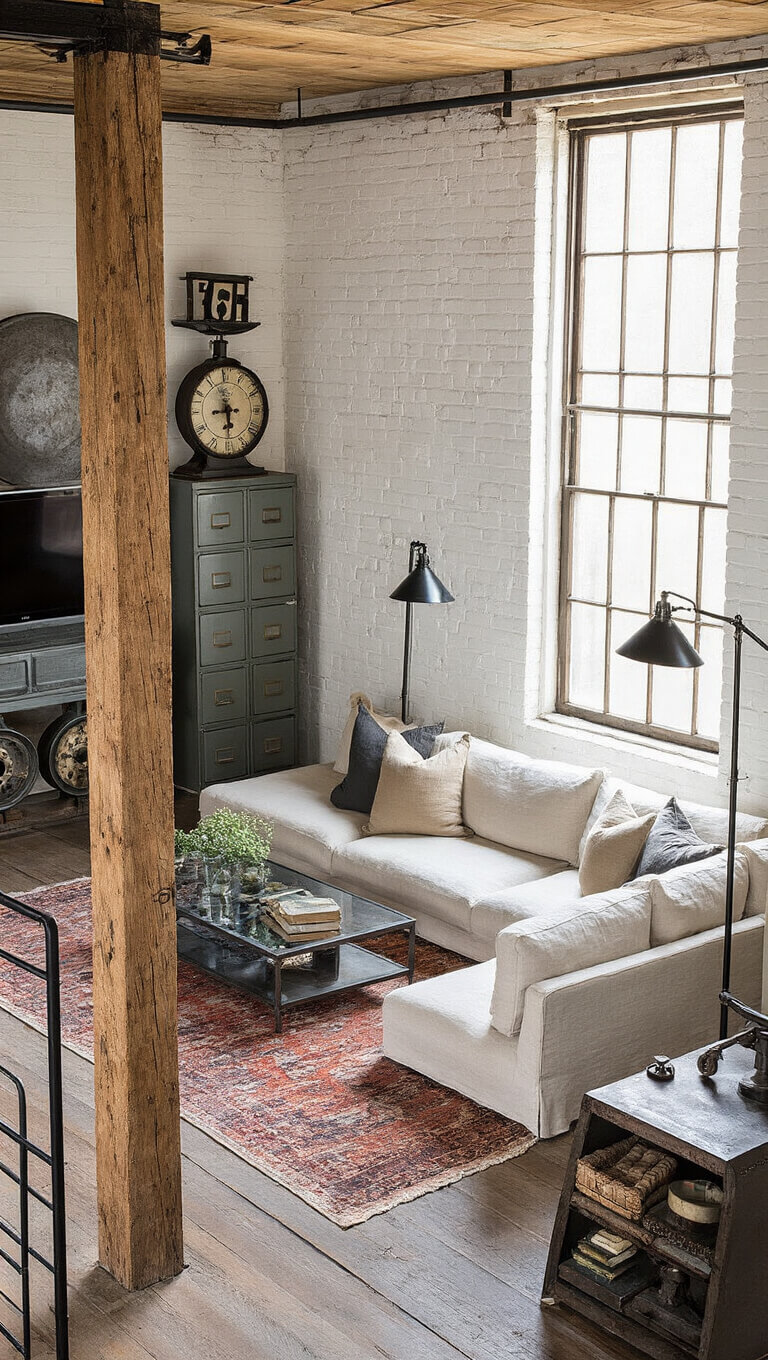 Elevated view of industrial-style open-plan living area with linen sectional, vintage lockers, timber posts, and layered vintage rugs in warm tones.