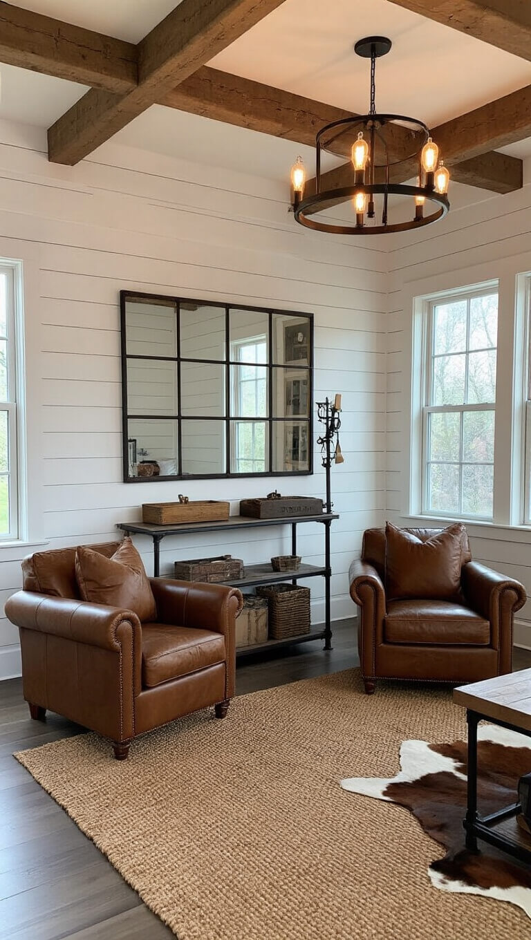 Cozy 280 sq ft living room at dusk with shiplap ceiling, exposed beams, leather club chairs, industrial console, vintage mirror, Edison bulb chandelier, jute and cowhide rugs, and wood-metal bookshelf.