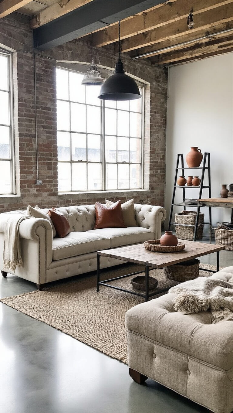 Industrial-style 350 sq ft living space with linen sofa, drafting table coffee table, pottery on black metal shelves, and morning light on polished concrete floors.