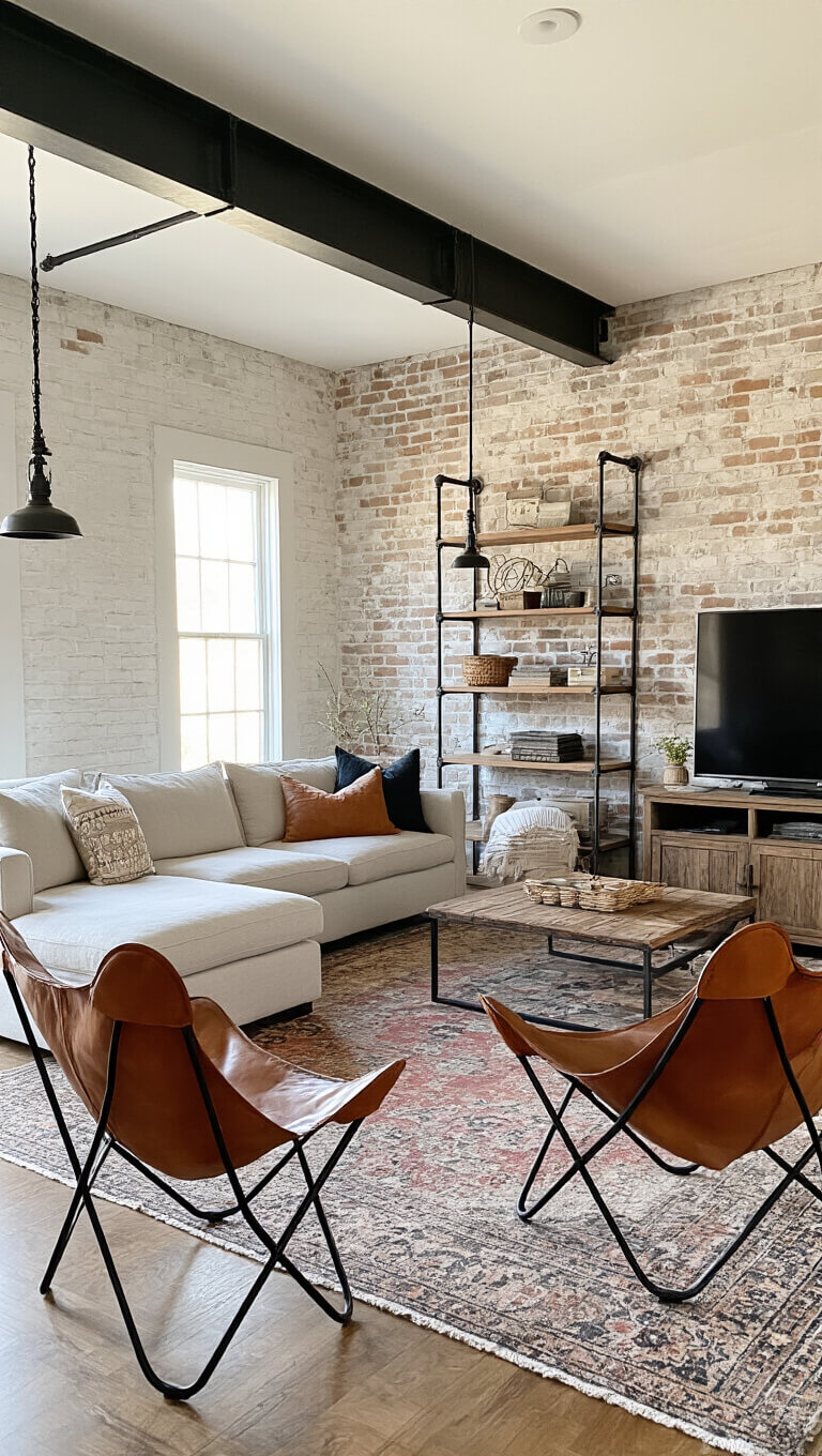 Eye-level view of a 300 sq ft living room at sunset with a German smear brick wall, Belgian linen sectional, vintage pillows, reclaimed wood media console, industrial pulley light, black metal pipe shelves, leather butterfly chairs, and a muted vintage overdyed rug.