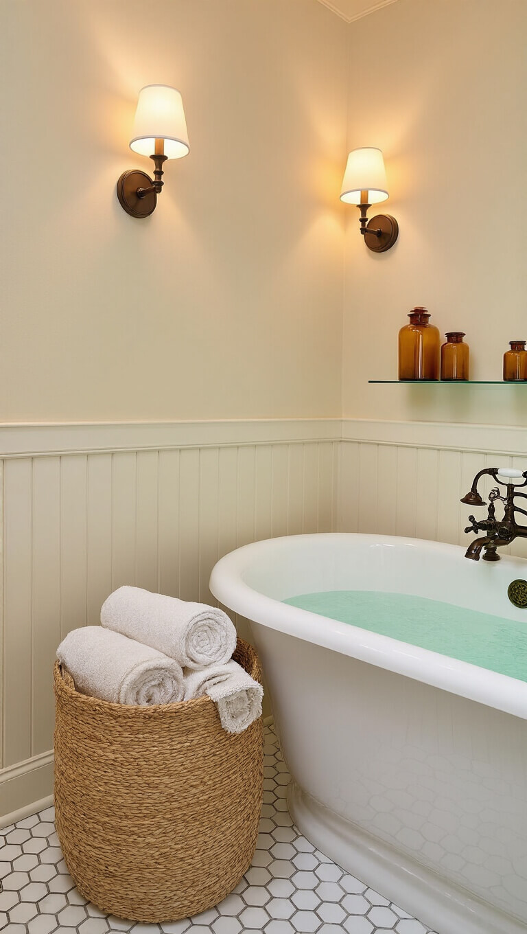Warmly lit bathroom with white clawfoot tub, bronze fixtures, seagrass basket of towels, marble hex tile floor, and glass shelf with amber jars.