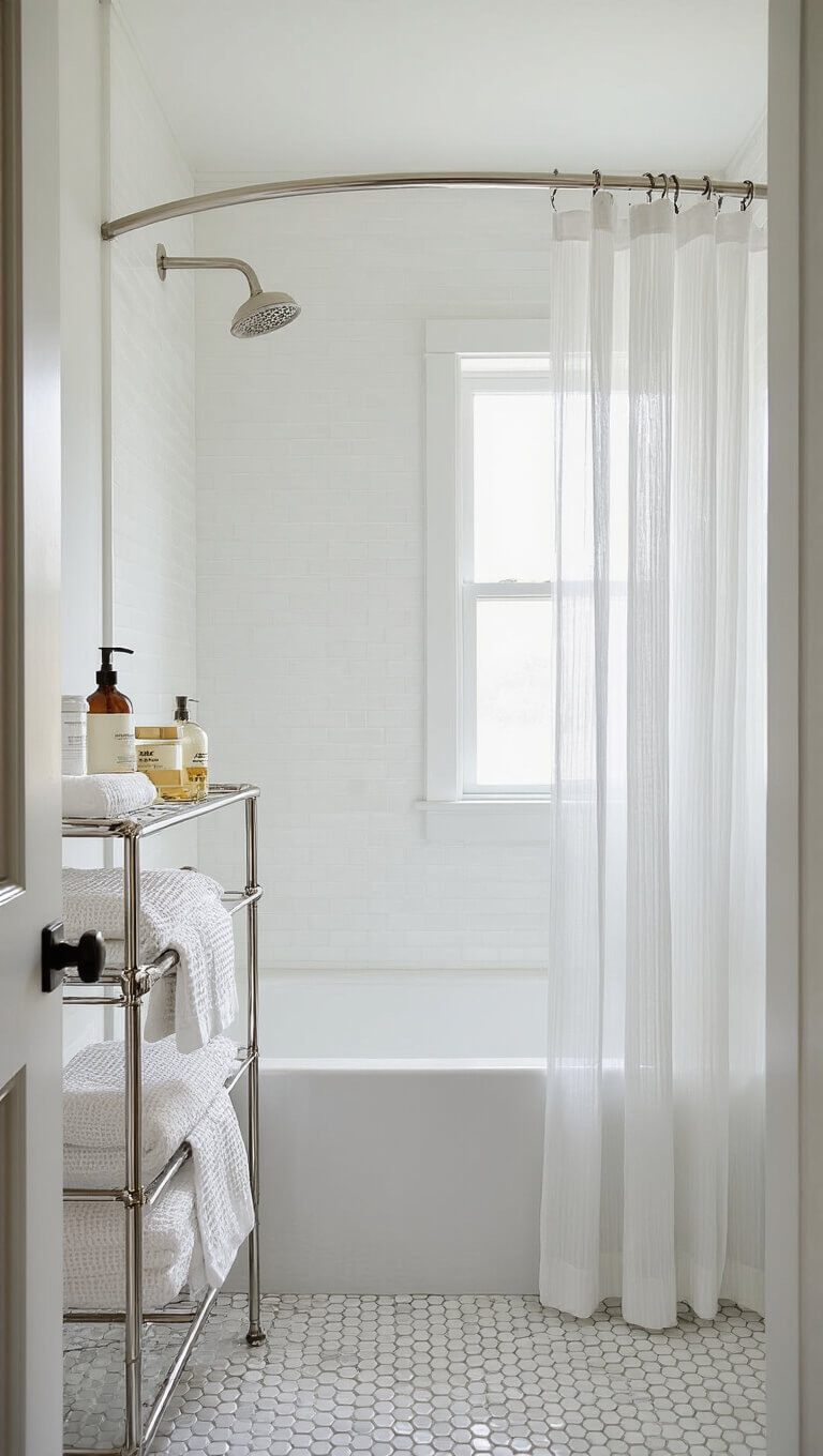 Minimalist white bathroom with penny tile, waffle towels, over-tub rack, and clear shower curtain under cool morning light.