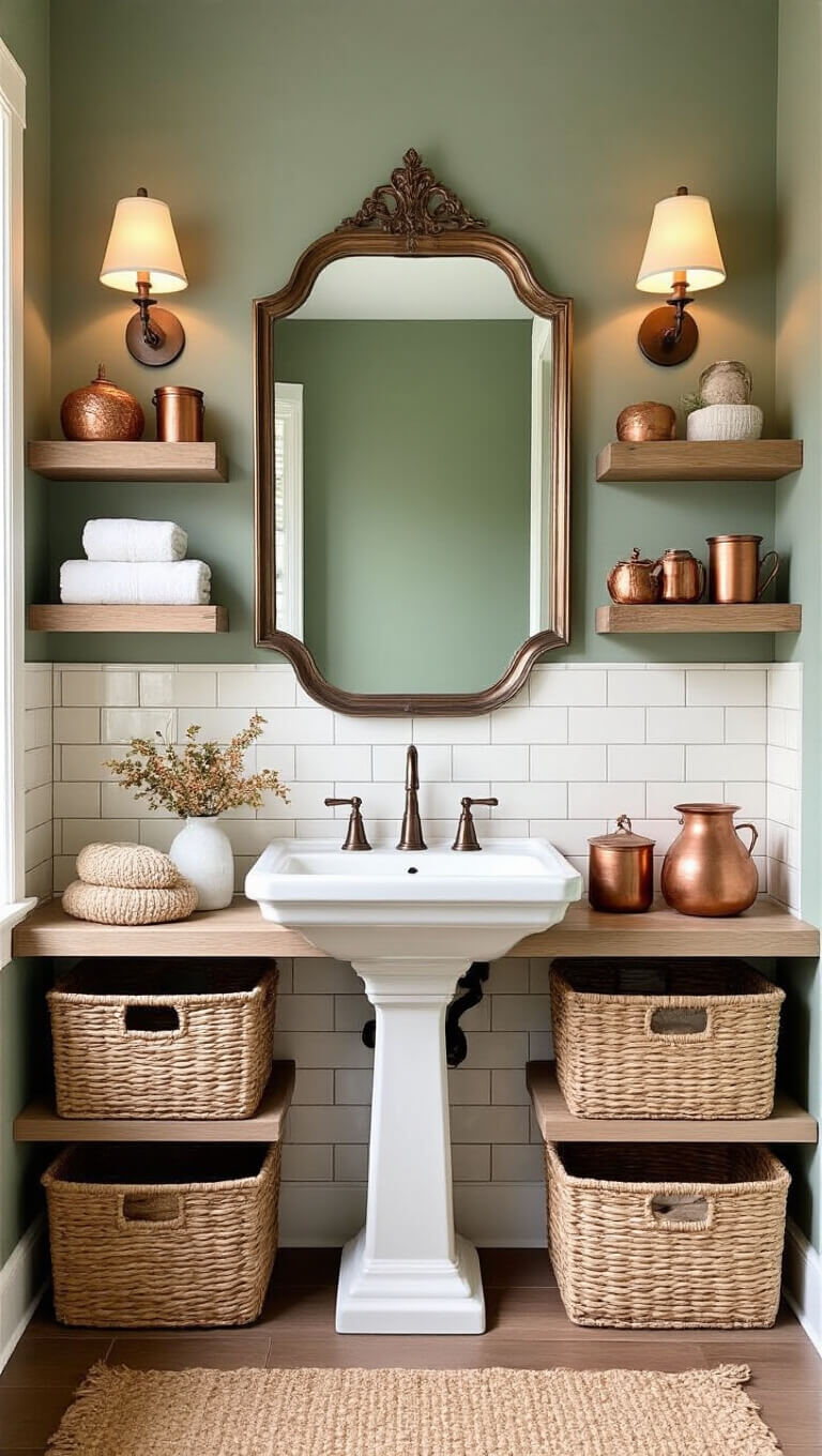 Cozy fall-themed bathroom with sage green accent wall, cream subway tiles, vintage bronze mirror, and warm lighting above pedestal sink.