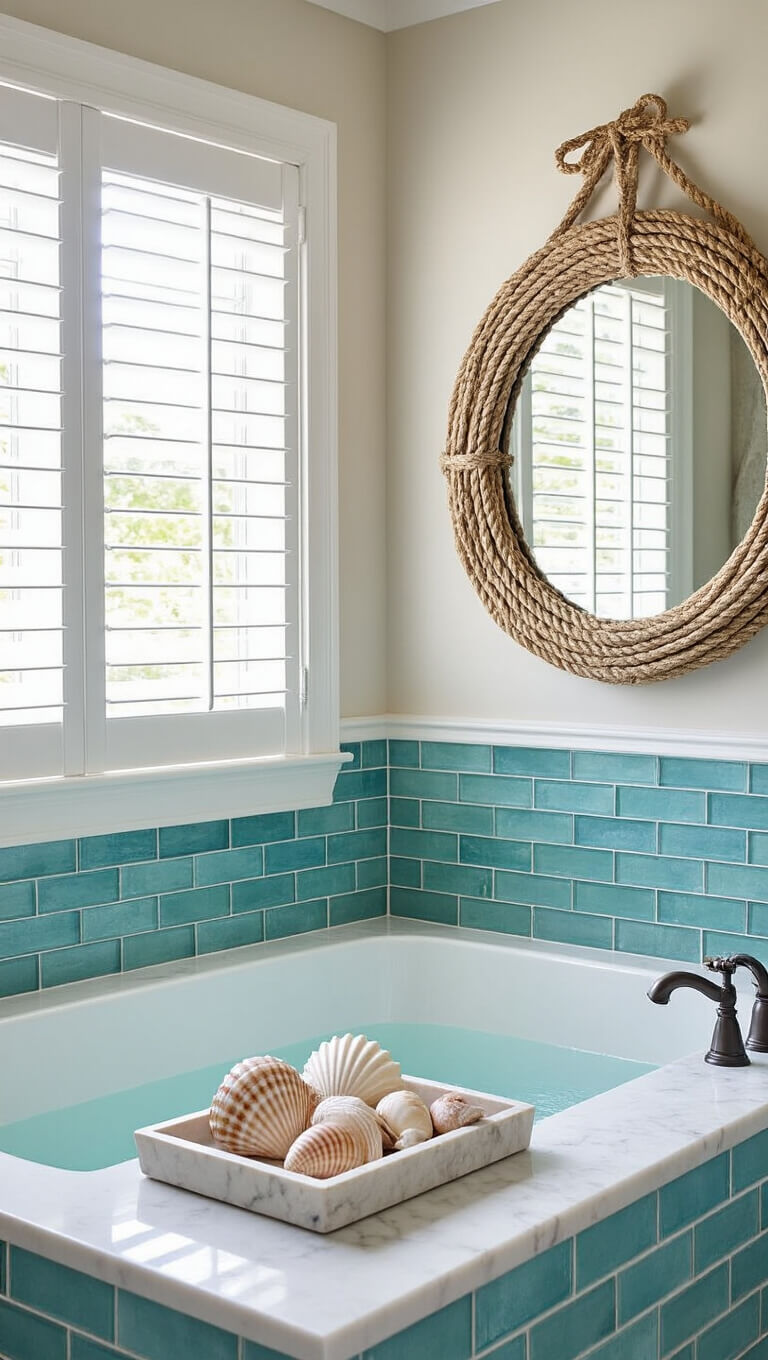 Coastal bathroom with alcove tub, aqua glass tile accents, seashell decor on marble tray, rope mirror, and driftwood art.