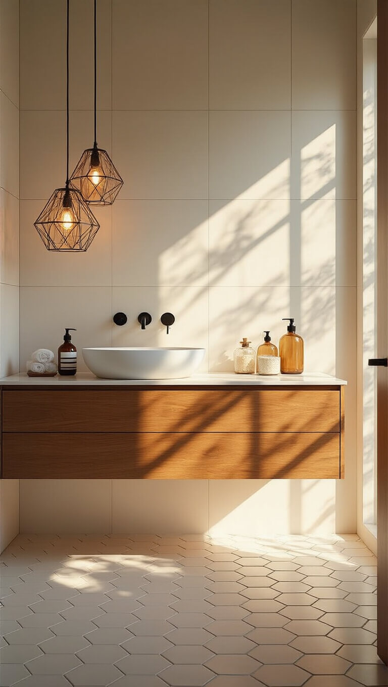 Modern spa-style bathroom at golden hour with floating wood vanity, geometric pendant light, and hexagonal floor tiles.