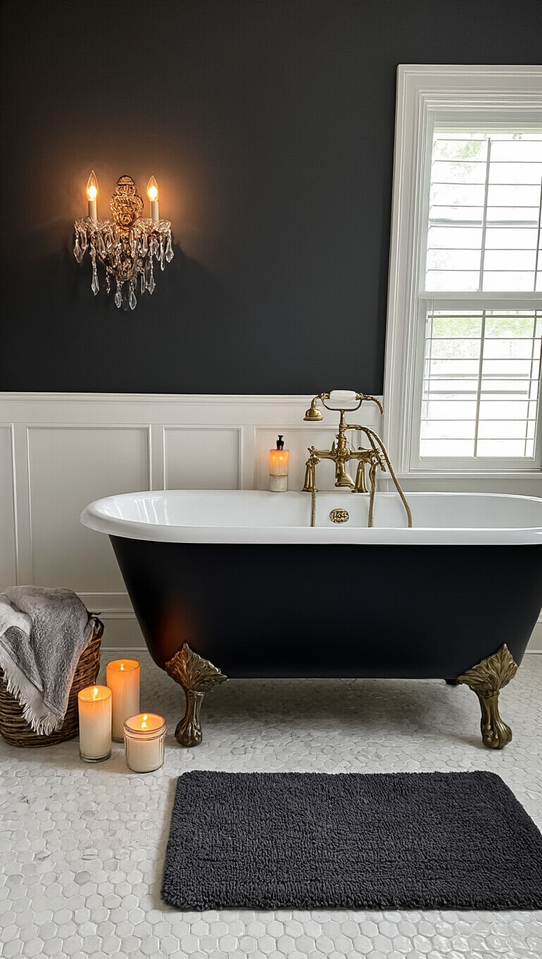 Moody bathroom with clawfoot tub, brass fixtures, crystal sconces, and candlelight against charcoal walls.