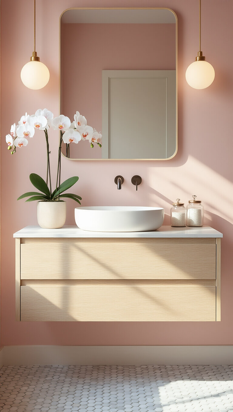 Modern spring bathroom with pale pink accent wall, floating bleached oak vanity, vessel sink, orchid, glass canisters, and penny tile floor in morning light.