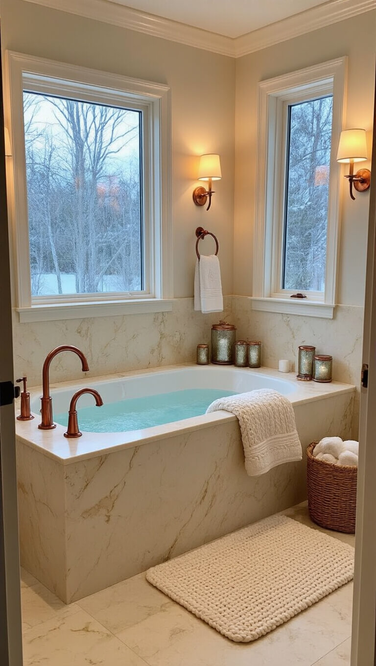 Winter-themed bathroom with cream marble, copper fixtures, freestanding tub, knit bath mat, plush towels, and mercury glass accents under dim sconces.