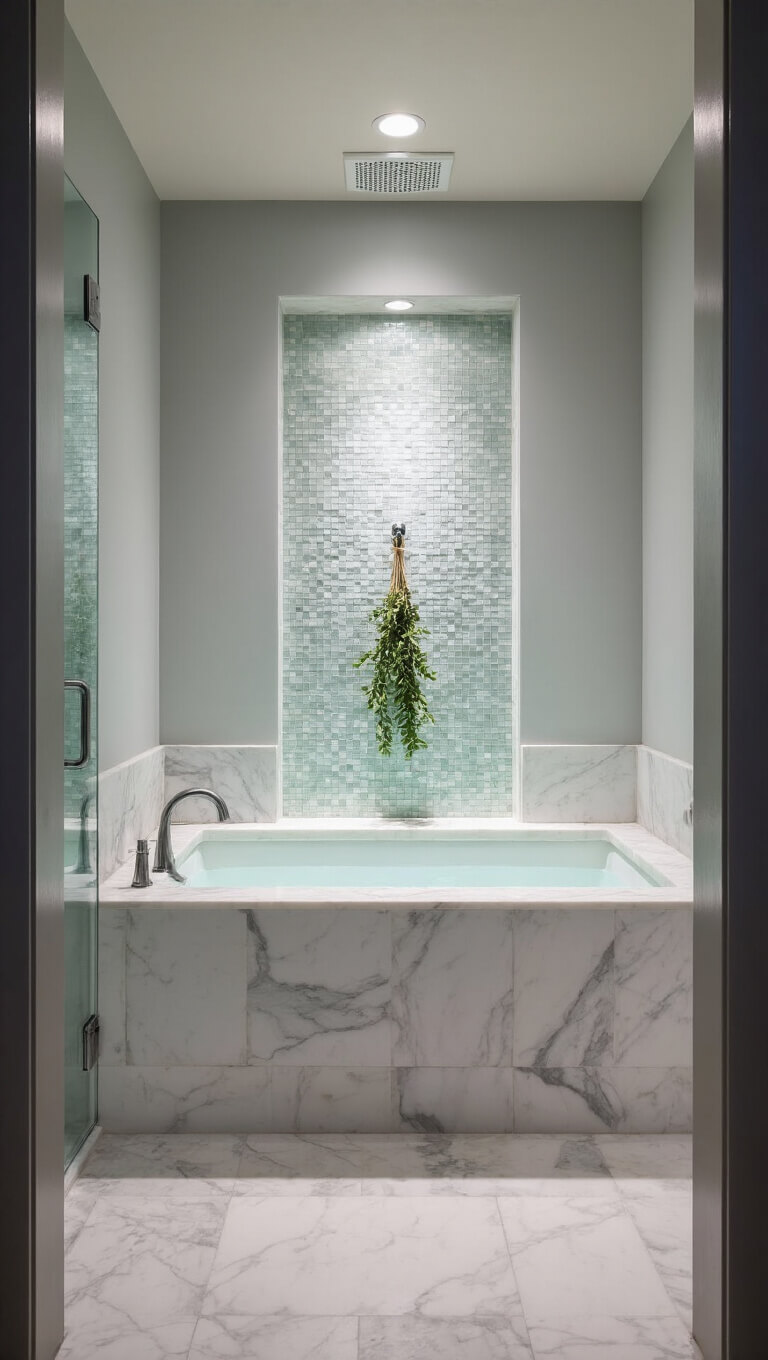 Serene twilight spa bathroom with marble surfaces, glass shower, mother-of-pearl tub niche, and eucalyptus bundle hanging from rainfall showerhead.