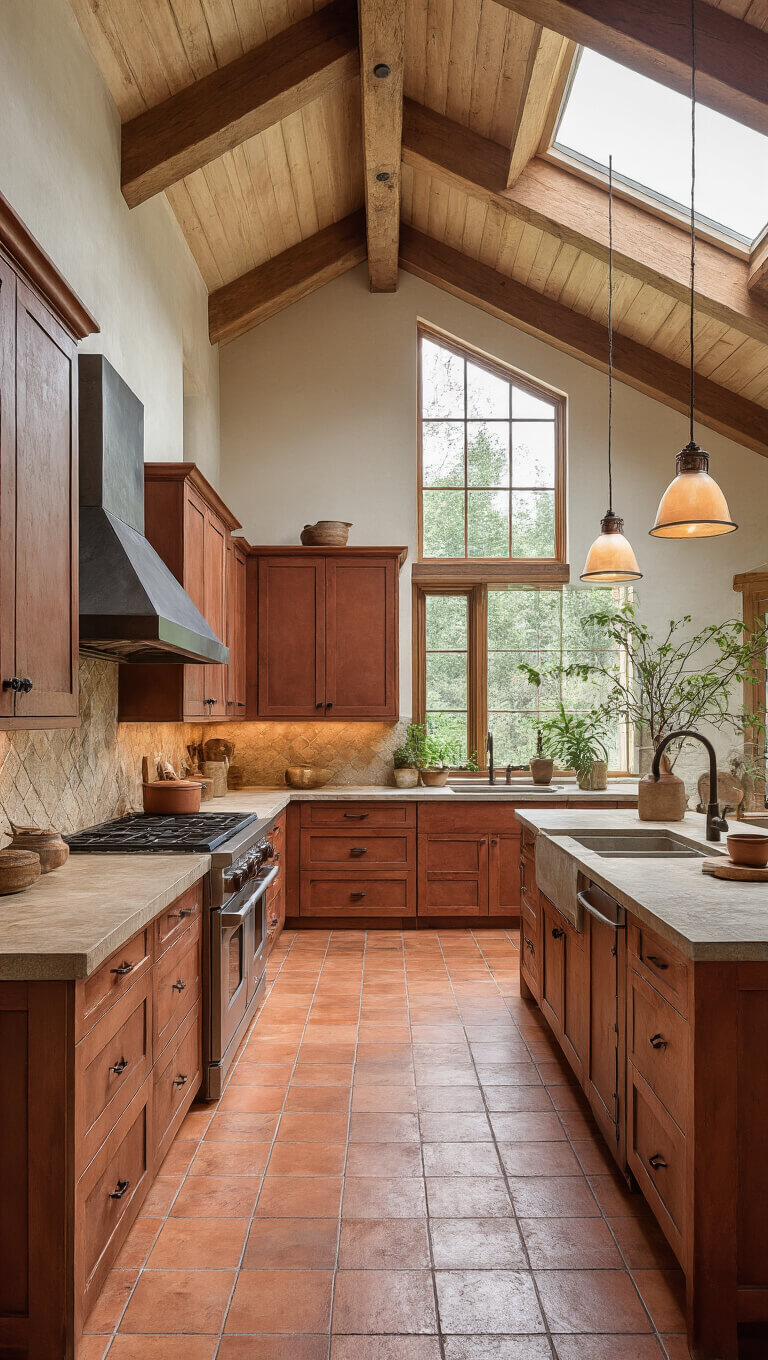 Rustic modern kitchen with vaulted ceiling, auburn cabinets, stone counters, copper accents, and terracotta tile floor bathed in morning skylight.
