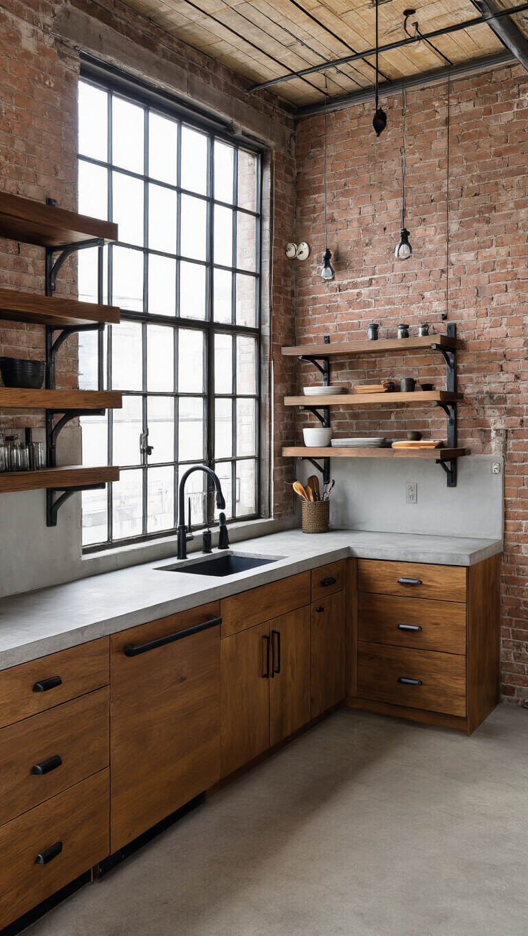 Industrial loft kitchen with walnut cabinets, concrete counters, exposed brick wall, metal shelving, and factory windows providing mixed natural and industrial lighting in a spacious open layout.