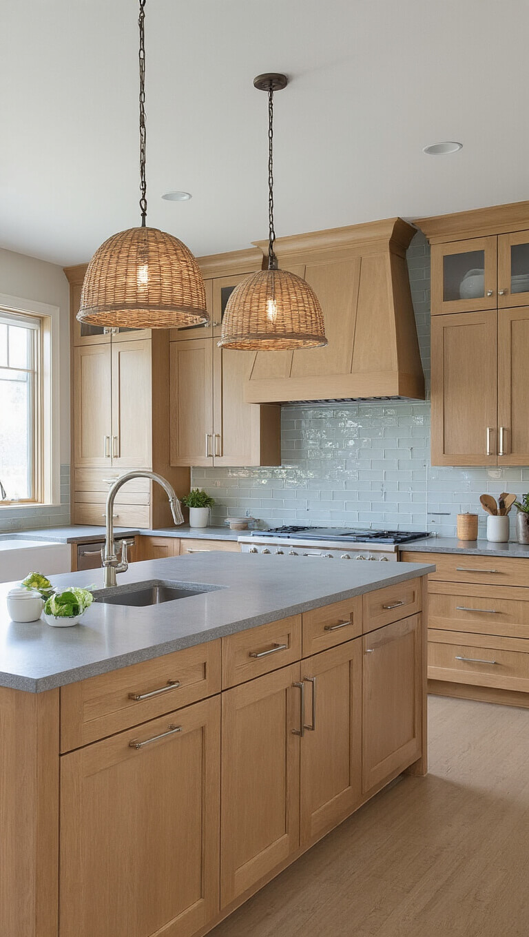 Symmetrical kitchen with honey oak cabinets, grey quartz counters, glass tile backsplash, and woven pendant lights in soft mid-day light.