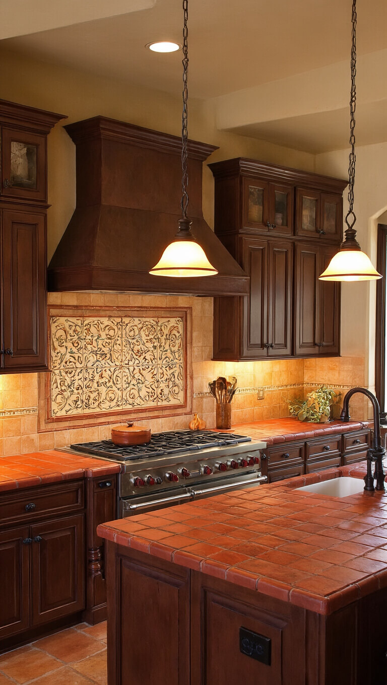 Cozy Mediterranean kitchen with mahogany cabinets, terracotta counters, and hand-painted tile backsplash bathed in warm late afternoon light.